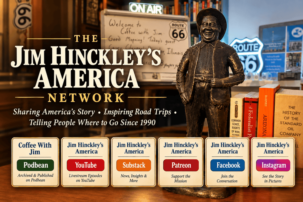 The Jim Hinckley's America Network logo featuring a statue of Jim Hinckley, with a background of Route 66 memorabilia and a sign that reads 'ON AIR'. Below the logo, various platform icons for Coffee With Jim, YouTube, Substack, Patreon, Facebook, and Instagram are displayed.