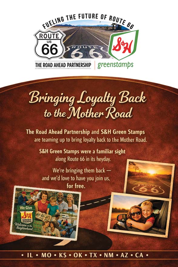 Promotional graphic for the Road Ahead Partnership and S&H Green Stamps, featuring Route 66 imagery and inviting participation in a loyalty program.